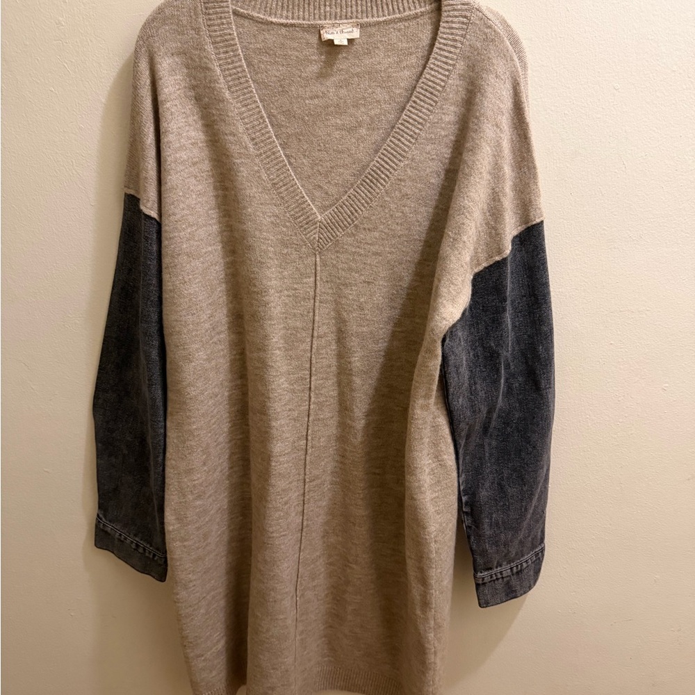 V-Neck Two-Tone Sweater with Denim Sleeve Accent